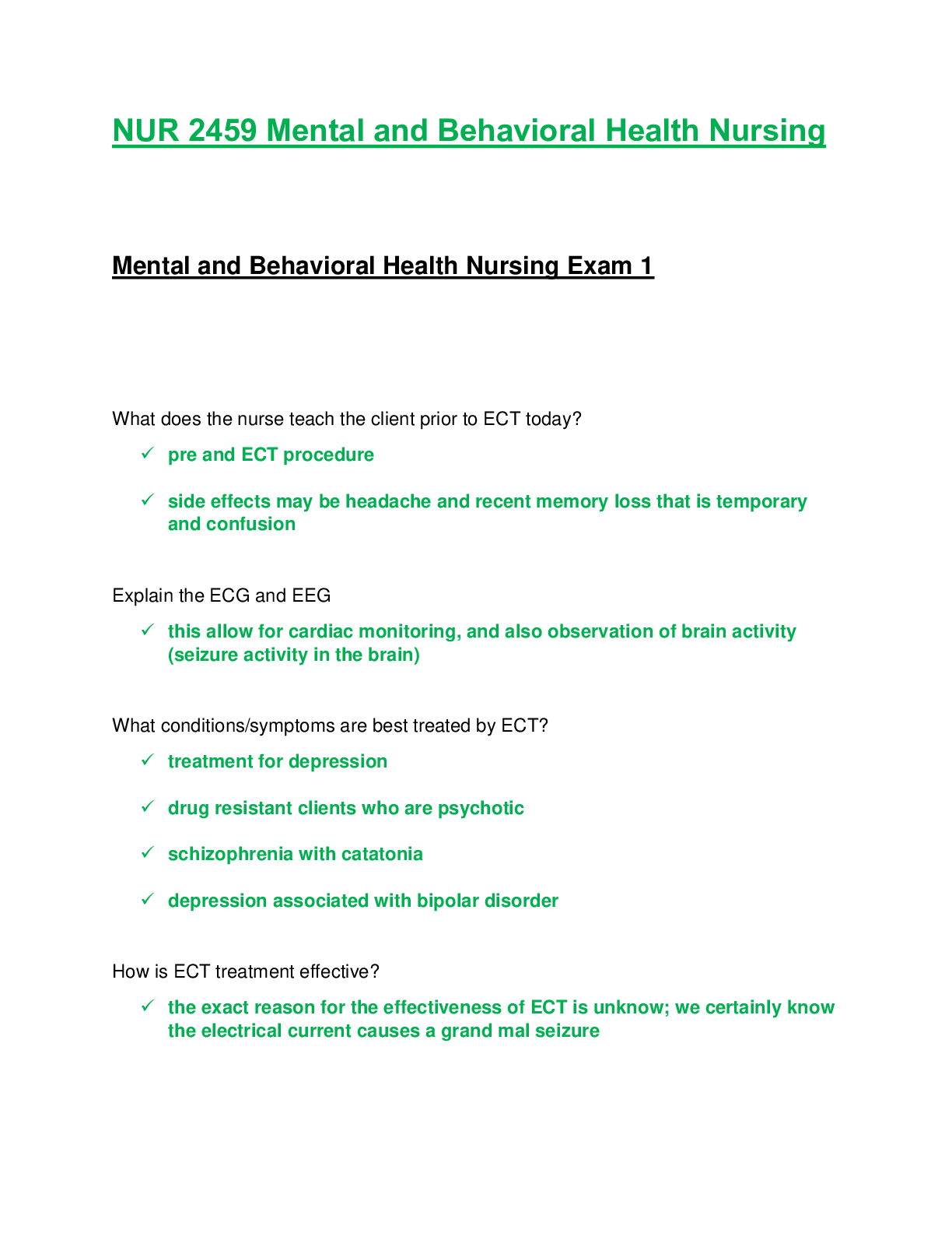 Preview of NUR2459 / NUR 2459: Mental and Behavioral Health Nursing Exam 1 . Rasmussen